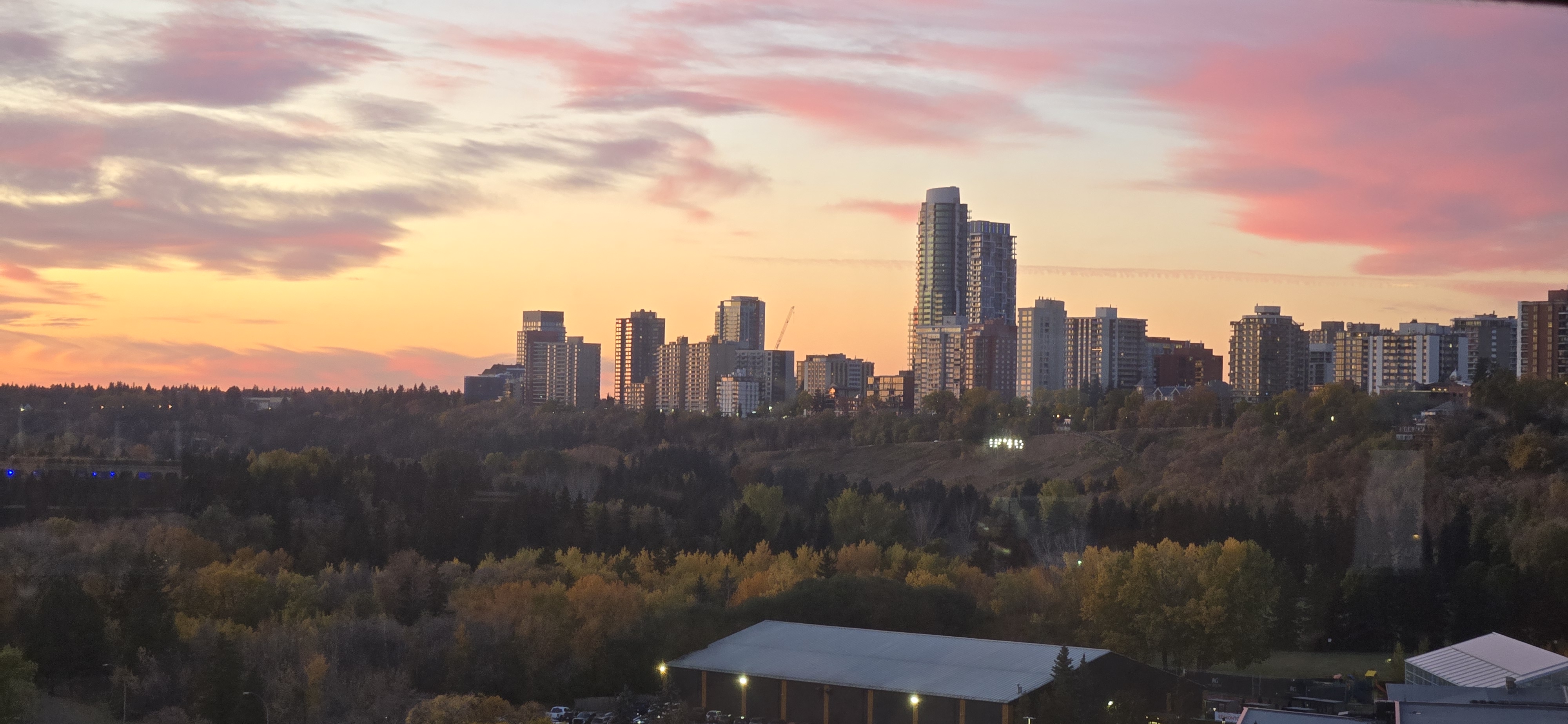 Edmonton skyline at pink sunset